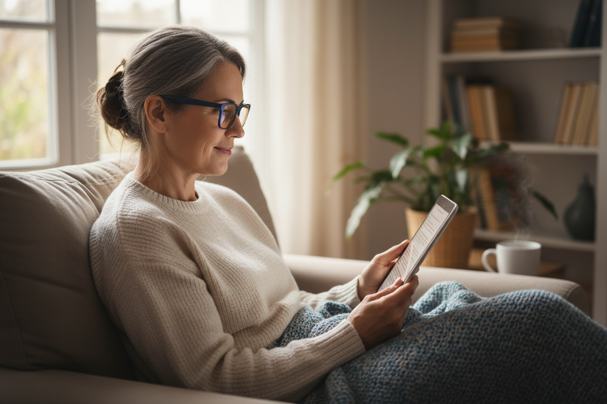 Donna che legge con occhiali anti luce blu