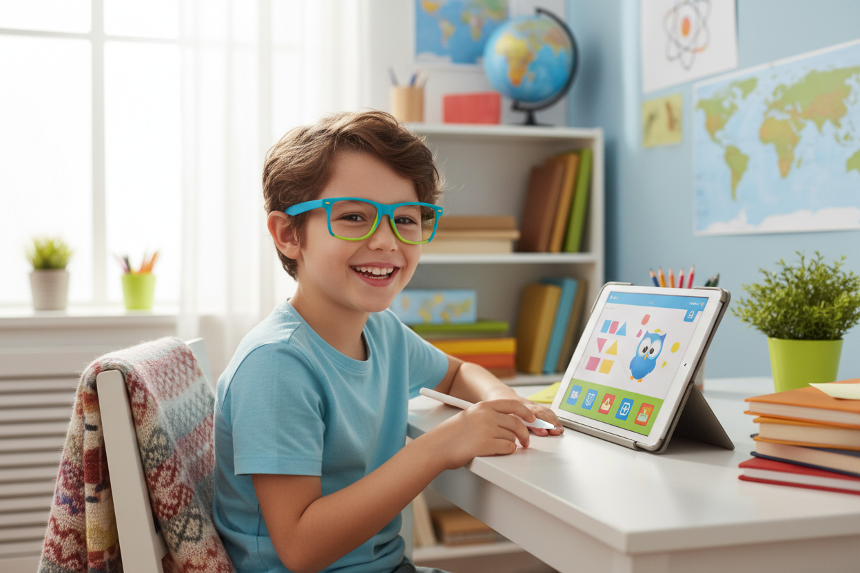 Bambino felice che usa tablet con occhiali protettivi