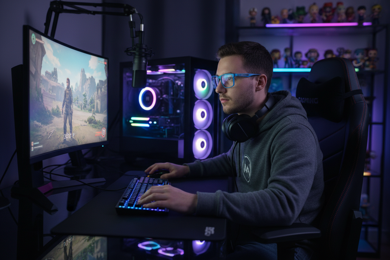 Gamer che usa occhiali anti luce blu